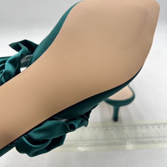 XYD Dark Cyan Pointed Toe Low Heel Mules with Ruffle Pearls Beaded Strap Sandals - Picture 6 of 8